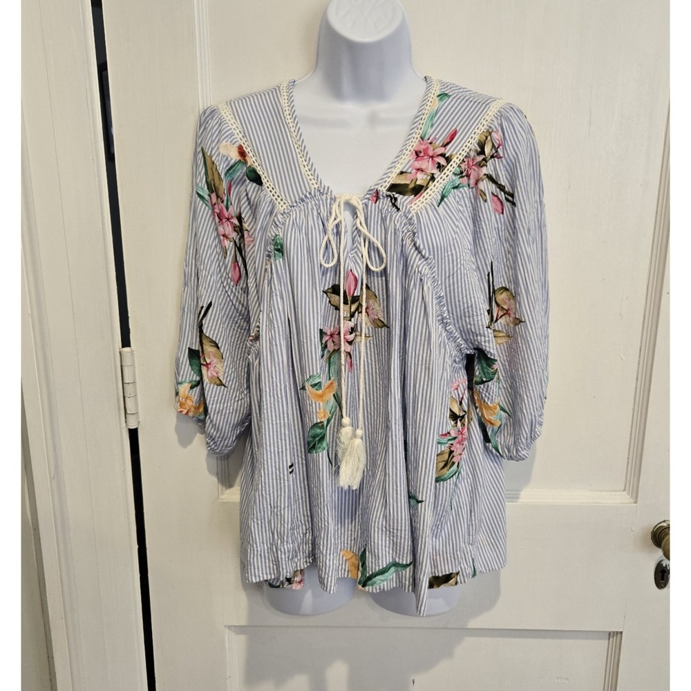 ODDI Women's Blouse Crochet Detail 3/4‎ Sleeve Striped Floral Design Boho Large